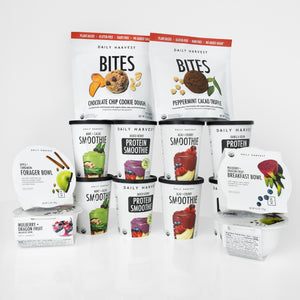 Daily Harvest smoothies, breakfast bowls, forager bowls, and bites displayed with branded packaging